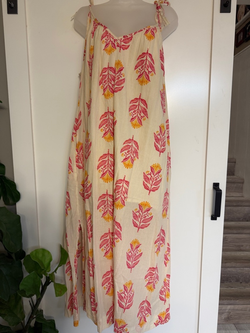 Cream Maxi Dress with Pink & Yellow Leaf Print